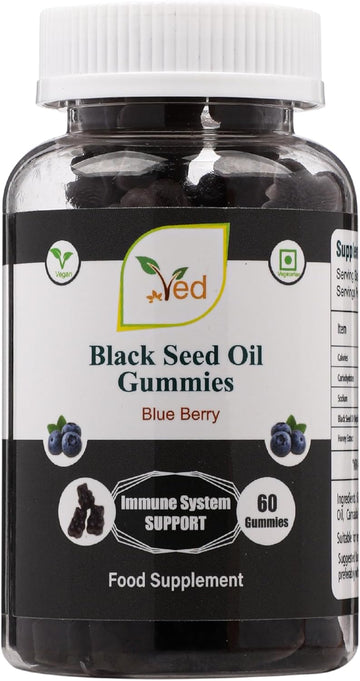 Ved Black Seed Oil Gummies With Blackcurrant Flavour, Raw Unfiltered Black Seed Oil Gummies With Mother Culture, Vegan Health Supplement For Men And Women- 60 Chews 30 Days’ Supply