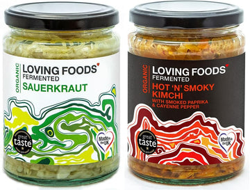 Loving Foods Award-Winning *Organic & Made In The Uk* Sauerkraut & Hot 'N' Smoky Kimchi (2 X 475G) Raw, Unpasteurised & Bursting With Beneficial Live Bacteria (2 X Jars)