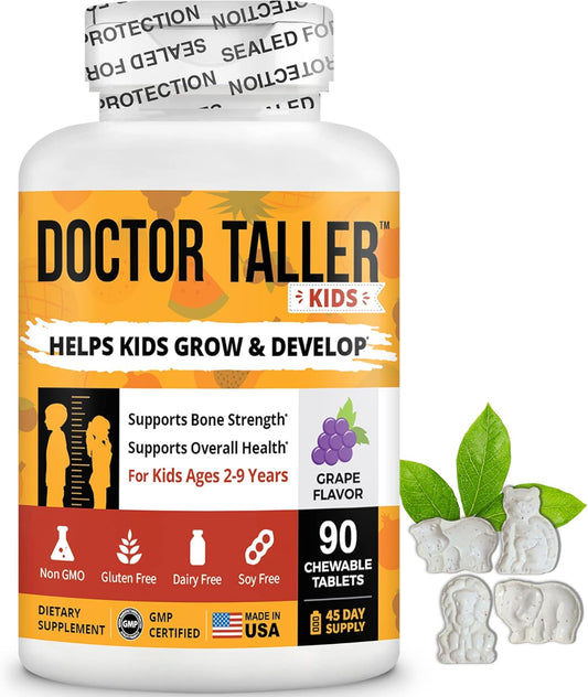 Doctor Taller Kids - Support Height Growth With Multivitamins, Multiminerals, Calcium - Height Growth Formula For Kids Ages 2 To 9 - Grape Flavor - Helps Kids Grow Taller - 6 Pack | 9 Months Supply