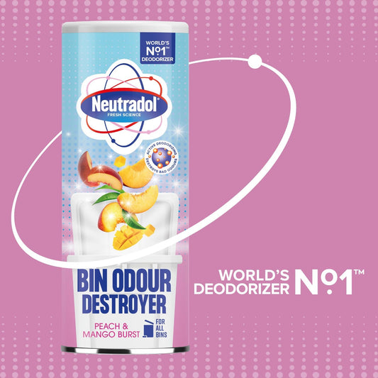 Neutradol Dustbin Odour Destroyer, Bin Freshener Deodorising Powder, Odour Eliminator For Indoor & Outdoor Bins, Peach & Mango Burst, Multipack Of 3 X 350G