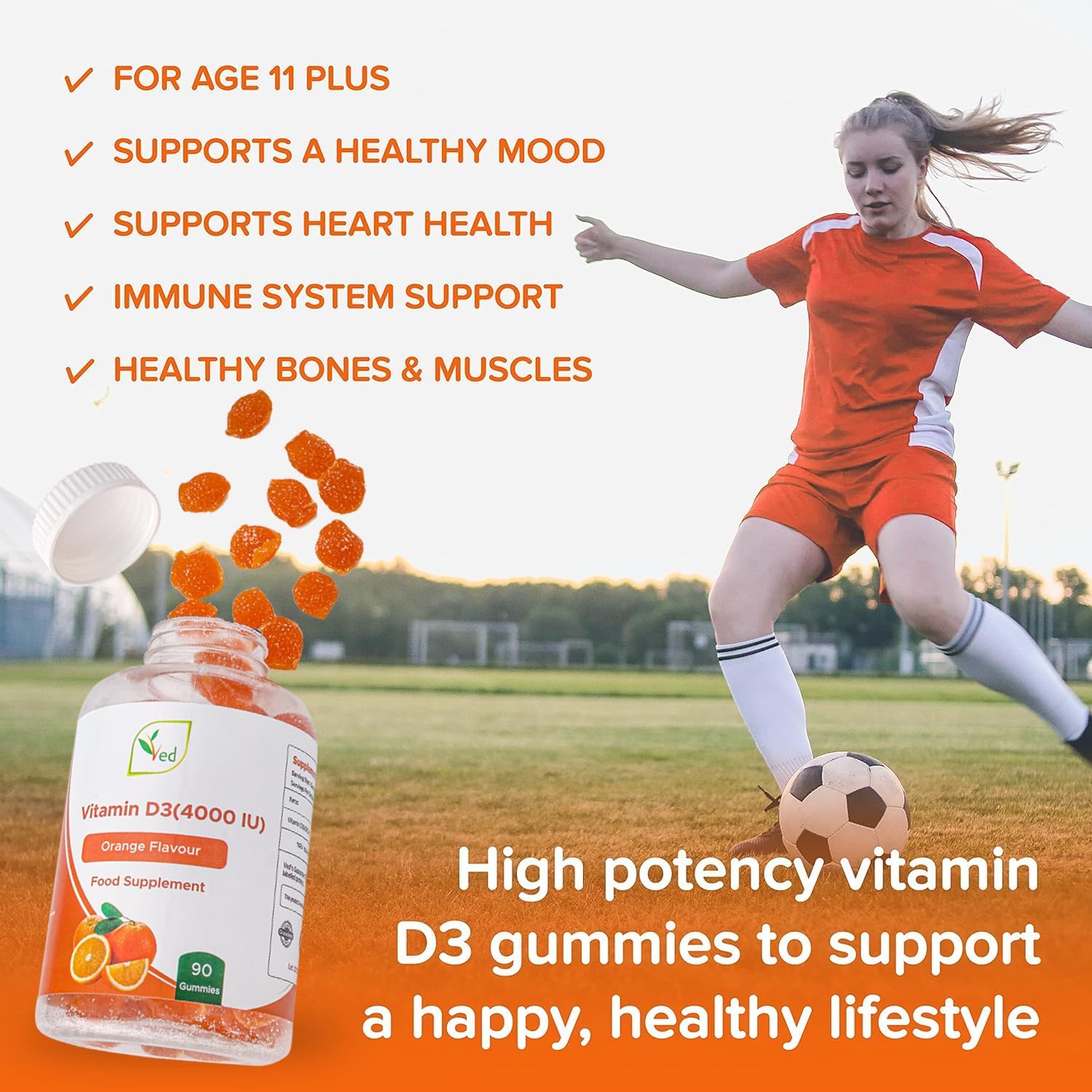 Ved Vitamin D3 Gummies for Adults 4000IU, Non GMO- Gluten Free, Orange Flavour -High Strength 90 Chewable Gummies (3 Month Supply) : Health & Household