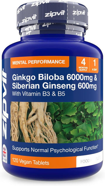 Zipvit Ginkgo Biloba 6000Mg & Siberian Ginseng 600Mg With Vitamin B3 & B5, Supports Energy & Mental Performance. 4 Months Supply, 120 Vegan Tablets, 1 A Day