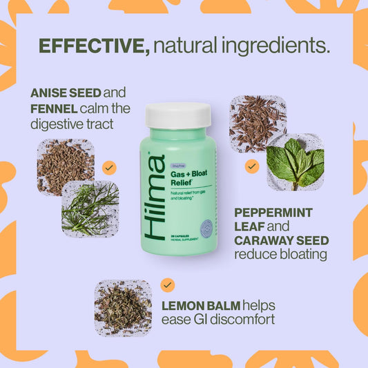 Hilma Natural Gas & Bloating Relief For Women ā Doctor Formulated With Organic Ingredients ā Lemon Balm, Fennel & Peppermint Leaf ā 50 Vegan Capsules