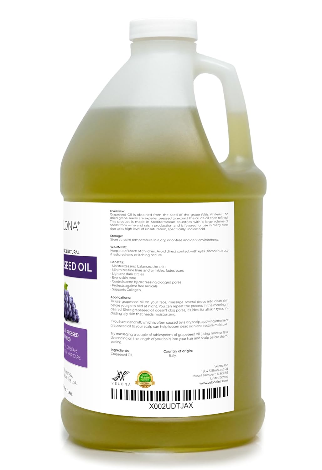 velona Grapeseed Oil 64 oz | 100% Pure and Natural Carrier Oil | Refined, Cold pressed | Cooking, Skin, Face, Body, Hair Care | Use Today - Enjoy Results : Health & Household