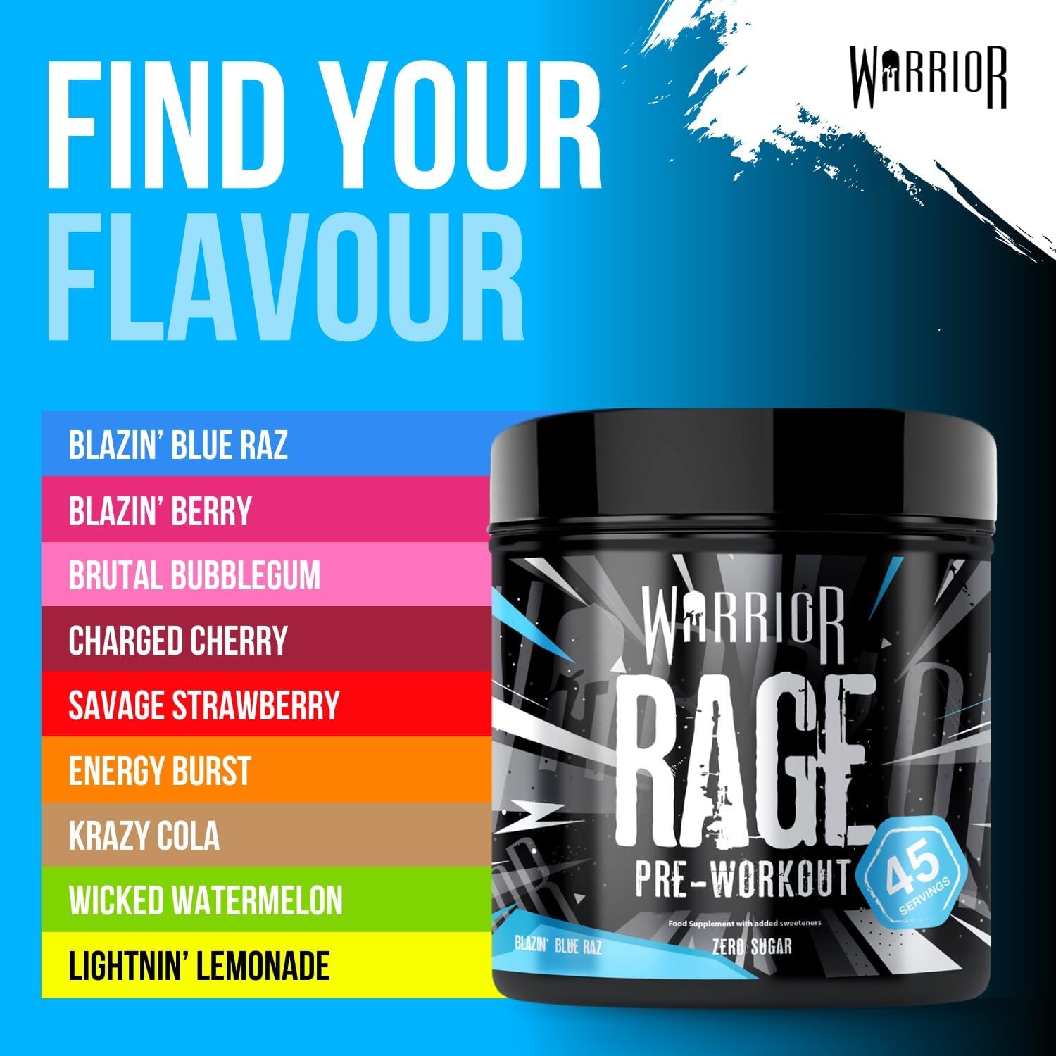 Warrior Rage - Pre-workout Powder - 392g - Energy Drink Supplement with Vitamin C, Beta Alanine and Creatine Gluconate - 45 Servings (Lightnin' Lemonade) : Amazon.co.uk: Health & Personal Care