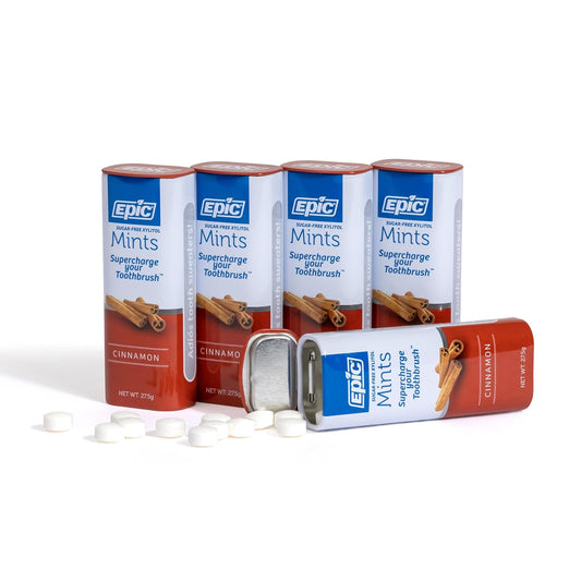 Epic Xylitol Mints - Sugar Free & Aspartame Free Mints Sweetened W/Xylitol For Dry Mouth & Gum Health (Cinnamon, 55-Piece Tin, 5 Tins)