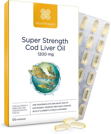 Healthspan Super Strength Cod Liver Oil 1,200Mg (120 Capsules) | Supports Heart, Brain & Eye Health | Added Vitamin A, D3 And Calcium | Rich In Omega-3 Fatty Acids Dha & Epa | Sustainably Sourced