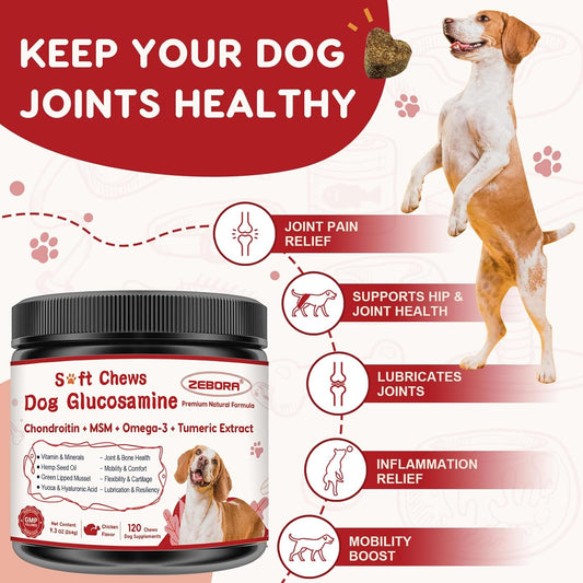 Glucosamine For Dogs, Joint Supplement For Dogs With Chondroitin, Msm, Omega-3, Turmeric And Vitamins For Pain Relief, Dog Joint Supplement With Calcium And Phosphorus For Bone Health, 120 Soft Chews