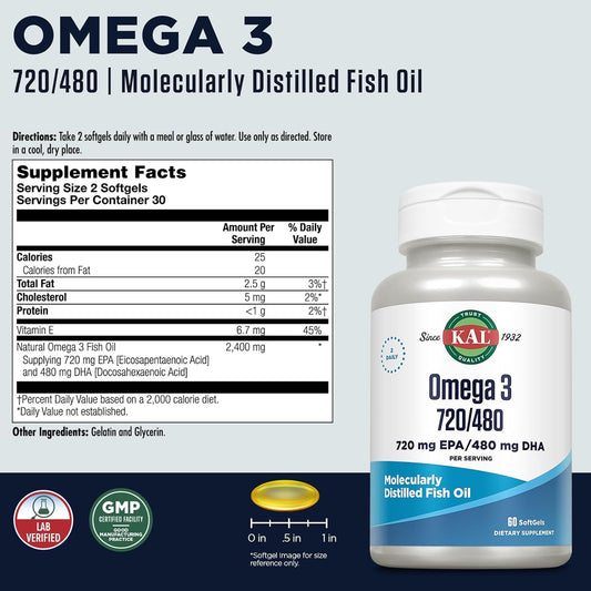 Kal Omega 3 Fish Oil 2,400 Mg - 720/480 Epa Dha Supplements - Eye, Brain, And Joint Support Supplement - Molecularly Distilled And Lab Verified - 60-Day Guarantee - 30 Servings, 60 Softgels
