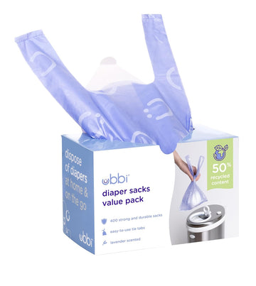 Ubbi Disposable Nappy Sacks, Lavender Scented, Easy-To-Tie Tabs, Baby Diaper Disposal Or Pet Waste Bags, Value Pack, 400 Count