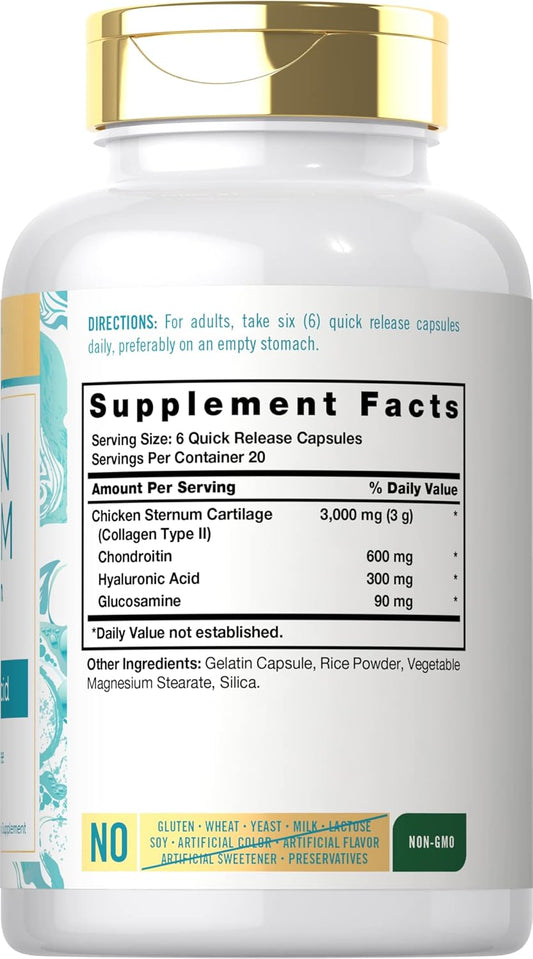 Carlyle Chicken Sternum Cartilage Collagen Capsules | Type Ii 3000Mg | 120 Pills | With Hyaluronic Acid | Non-Gmo, Gluten Free