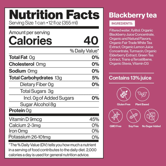 Happy Being Nutrient-Rich Organic Blackberry Citrus White Tea – Infused With Turmeric, Elderberry, Vitamin D3, Caffeine Free, Plant-Based, Low Calorie & Low Sugar Drinks, 12Oz (4 Pack)