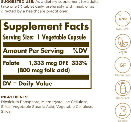 Solgar Folate 1,333 Mcg Dfe (800 Mcg Folic Acid) - 250 Tablets, Pack Of 2 - Heart Health, Prenatal Support - Non-Gmo, Vegan, Gluten Free, Dairy Free, Kosher - 500 Total Servings