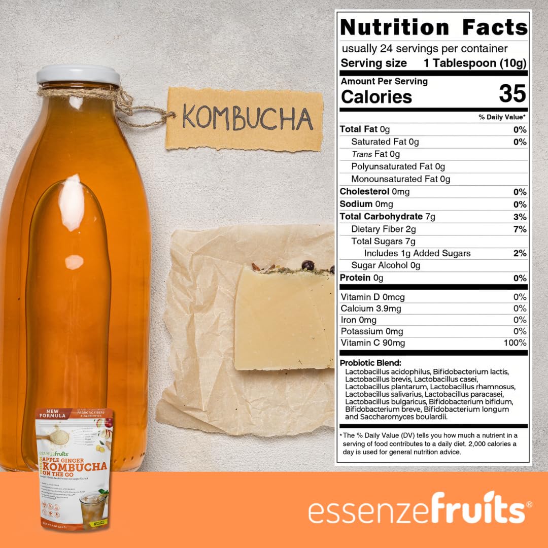 Essenzefruits Apple Ginger Kombucha Tea Powder Mix Beverage – Sugar Free, Fermented & Dried - Just Add Water! Live Probiotics & Prebiotic Blend, Vitamin C - Makes Up To 30 Cups (8 Oz, 226G)