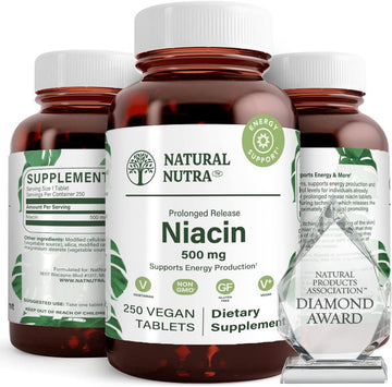 Natural Nutra Time-Release Slow Niacin 500Mg Vitamin B3 With Energy Production, Promotes Heart Health, 250 Vegan Tablets