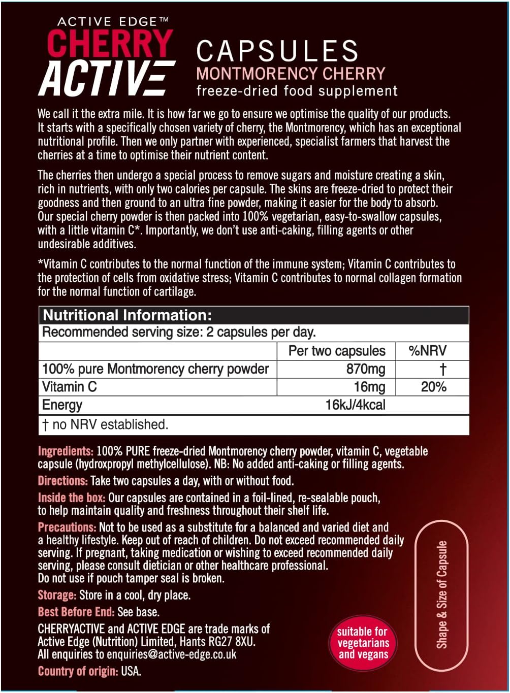 Active Edge Cherryactive Capsules (100% Pure Montmorency Cherry Powder Capsules) - 30 Caps