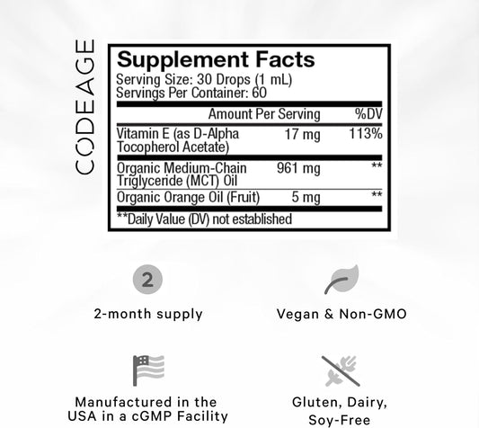 Codeage Liquid Vitamin E+ - Usda-Certified Organic, Organic Mct Oil, Organic Orange Oil Fruit, 2-Month Supply, Unflavored - Antioxidant, Skin & Immune Support - Non-Gmo, Vegan, Gluten-Free - 2 Fl Oz