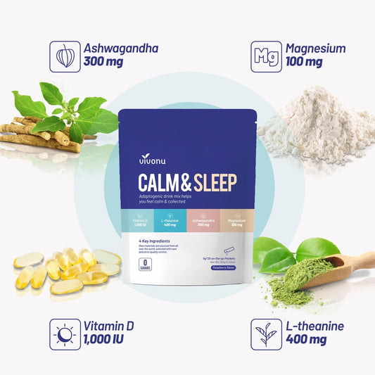 Calm & Sleep Powdered Drink Mix Raspberry L Theanine Ksm-66 Ashwagandha Magnesium Glycinate Vitamin D 3 Supplements For Relaxation & Focus No Sugar Non Gmo