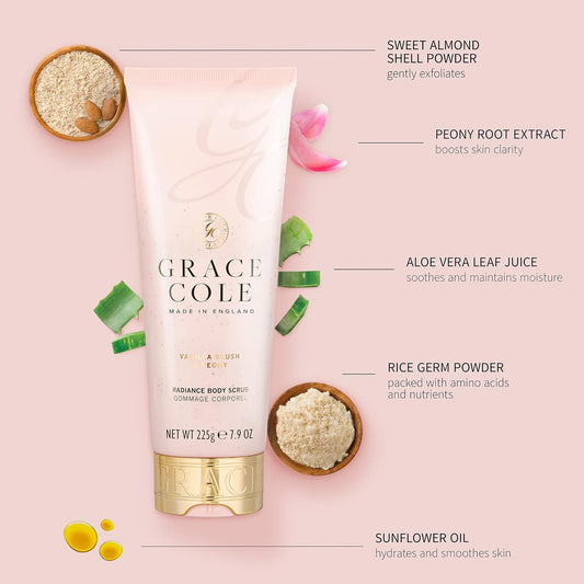 Grace Cole Vanilla Blush & Peony Exfoliating Body Scrub 238Ml Refreshing Hydrating - Essential Oils - Vegan And Cruelty Free, No Sls Or Parabens - Made In England