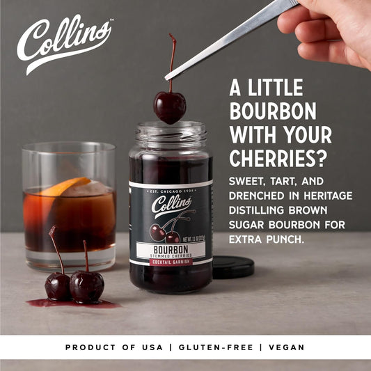 Collins Bourbon Cocktail Cherries - Drinks Garnish For Manhattan Or Old Fashioned Cocktails And Desserts, Made With Award Winning Whiskey, 11 Ounce Glass Jar