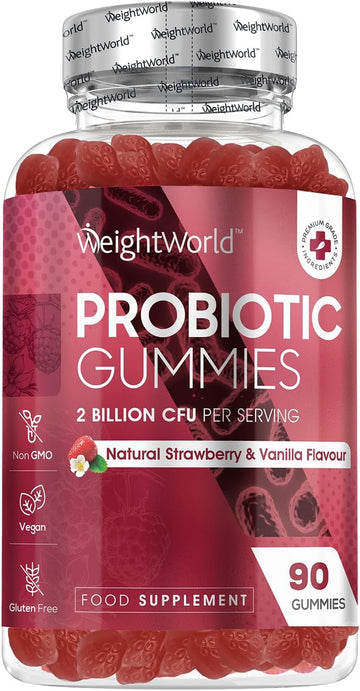 Vegan Probiotic Gummies With Prebiotic - 45 Days Supply (90 Gummies) - Natural Strawberry & Vanilla Flavour - Spore-Forming Bacillus Coagulans Strain & Prebiotic Fibre Inulin - For Men & Women