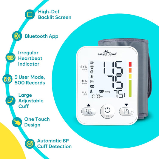 Large Cuff Blood Pressure Machine: Easy@Home Bluetooth Enabled Smart Automatic Upper Arm Cuff Bp Monitor | Unlimited Memory And Sharing | App For Ios & Android | Ebp-08B