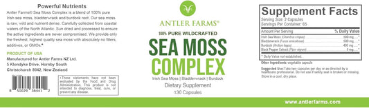 Antler Farms – 100% Pure Sea Moss Complex, 130 Capsules, Wildcrafted Irish Sea Moss, Bladderwrack, And Burdock Root – A Potent Blend For Wellness, Vegan-Friendly, Gluten, Soy, And Dairy Free