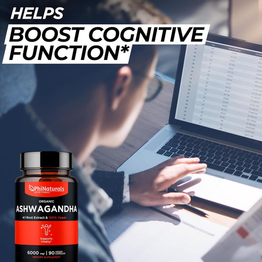 Ashwagandha Root Extract Capsules (Organic) Equivalent To 6000 Mg Whole Root - Supplement With 1500 Mg Per Serving - 500 Mg Per Vegan Capsule - 90 Count