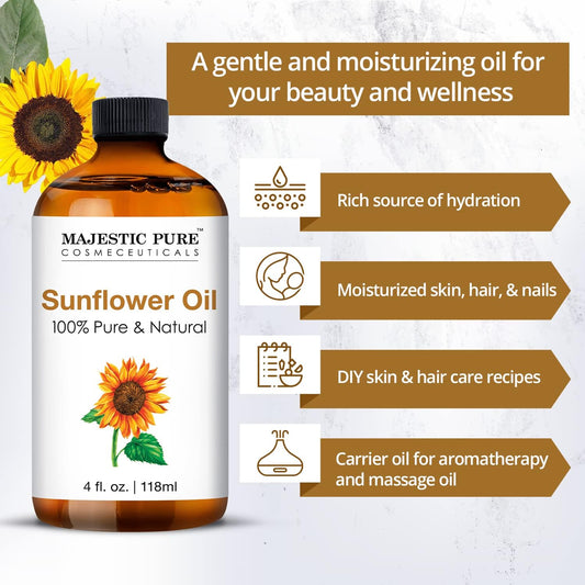 MAJESTIC PURE Sunflower Oil - 100% Natural, Pure & Cold-Pressed - Sunflower Seed Oil - Sunflower Oil for Skin, Hair, Body, Massage, & Essential Oils Mixing - Skin Care for Men and Women - 4 fl oz