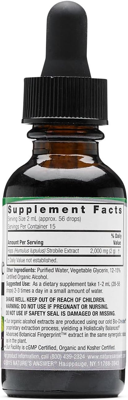 Nature'S Answer Hops Herb Extract With Organic Alcohol, 1-Fluid Ounce | Promotes Cognitive Function | Natural Calming Stress Reliever | Natural Sleep Aid