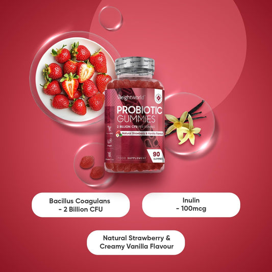 Vegan Probiotic Gummies With Prebiotic - 45 Days Supply (90 Gummies) - Natural Strawberry & Vanilla Flavour - Spore-Forming Bacillus Coagulans Strain & Prebiotic Fibre Inulin - For Men & Women