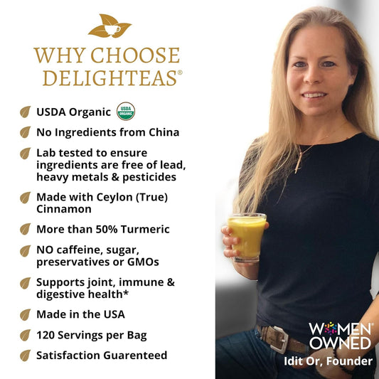 Delighteas Organic Golden Milk Powder With Turmeric, Ginger, Ceylon Cinnamon | Ayurvedic Spices For Golden Turmeric Latte | Unsweetened, Vegan, Non-Gmo, Keto | 120 Servings, 5 Oz