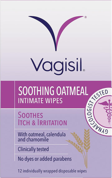 Vagisil Soothing Oatmeal Intimate Wipes To Soothe Itch & Irritation, Contains Tea Tree Oil, Gentle Enough For Daily Use,12 Individually Wrapped Wipes