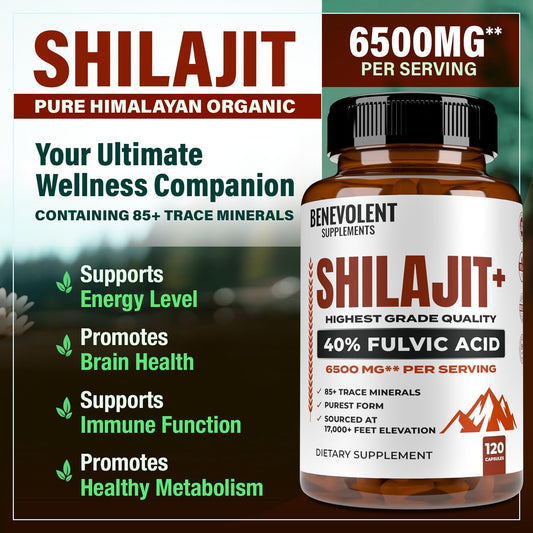 6,500Mg Shilajit Supplement With 40% Fulvic Acid (High Absorption) | Shilajit Mineral Supplement With 85+ Trace Minerals For Energy, Performance & Immune Health - 120 Capsules