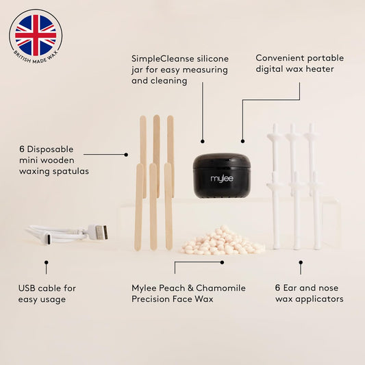 Mylee Let’S Face It Wax Kit – Professional Facial Waxing Kit With Black Mini Heater, 50G Precision Face Wax Beads (Peach & Chamomile), Wooden Waxing Spatulas, Ear & Nose Wax Applicators & Usb Cable