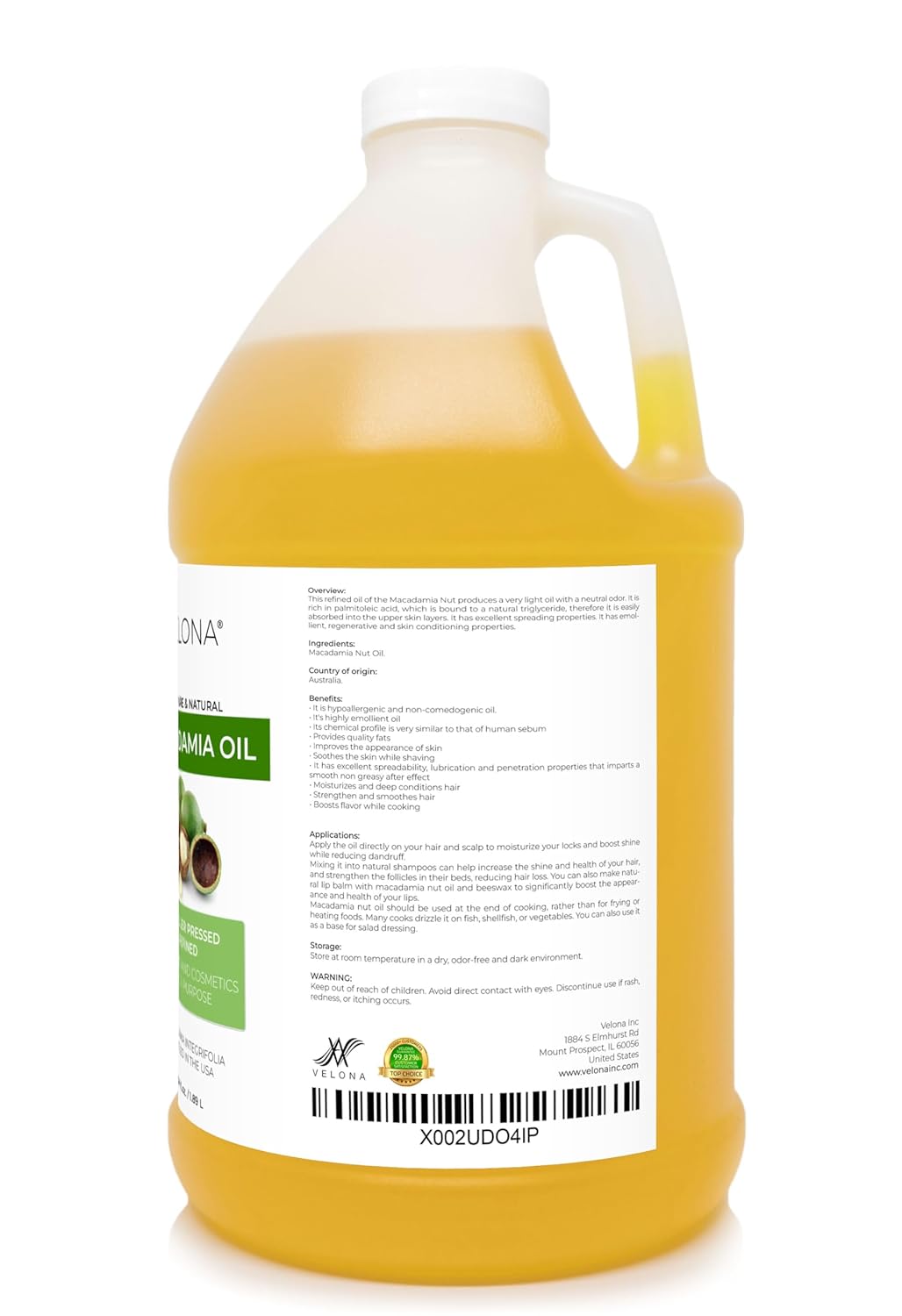 velona Macadamia Nut Oil 64 oz | 100% Pure and Natural Carrier Oil | Refined, Cold pressed | Cooking, Skin, Hair, Body & Face Moisturizing | Use Today - Enjoy Results : Beauty & Personal Care
