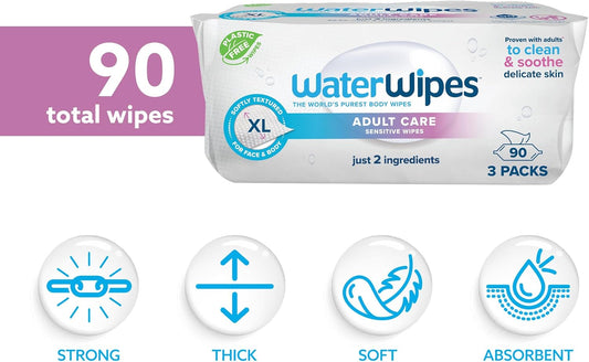 Waterwipes Adult Care Sensitive Body & Intimate Hygiene Wipes, 180 (6 Packs), Xl Textured, 99.9% Water-Based Wipes, For Everyday Personal Uses, Packaging May Vary