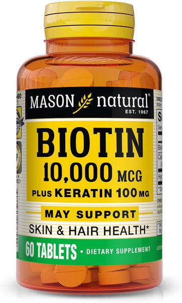 Mason Natural Biotin 10000 Mcg Plus Keratin 100 Mg With Calcium - Healthy Hair, Strong Nails And Glowing Skin, Premium Beauty Supplement, 60 Tablets