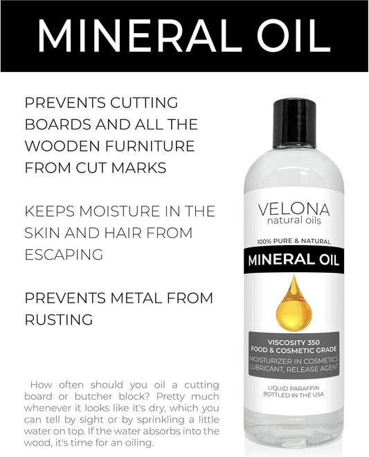 Velona Food Grade Mineral Oil 350 Viscosity Nf Usp Grade - 4 Oz | For Cutting Boards, Countertops And Butcher Blocks, Stainless Steel, Knife, Tool, Machine, And Equipment | Made In The Usa