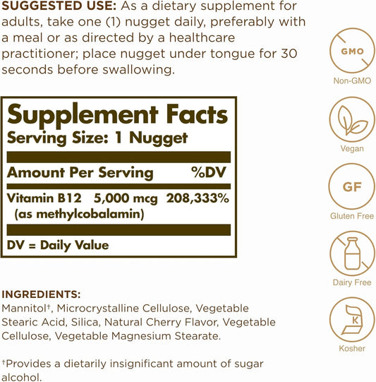 Solgar Methylcobalamin (Vitamin B12) 5000 Mcg - 60 Nuggets, Pack Of 3 - Supports Energy Metabolism - Vitamin B - Non-Gmo, Vegan, Gluten Free - 180 Total Servings