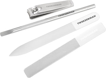 Tweezerman 4Pce Glass Manicure Set - Professional Nail Kit For The Perfect Nails Includes Glass Nail File & Buffer, Nail Clippers, Pusher, Suitable For Women, Men & Teenagers
