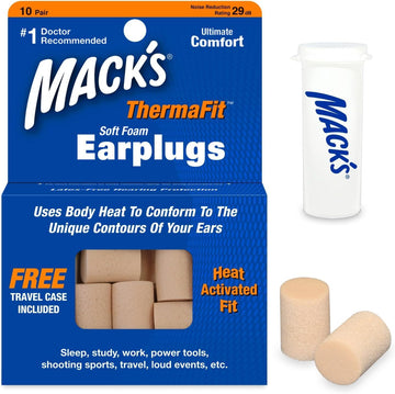 Macks Thermafit Soft Foam Earplugs, 10 Pair Plus Keychain Case - Comfortable Ear Plugs For Sleeping, Snoring, Work, Travel & Loud Events | Made In Usa