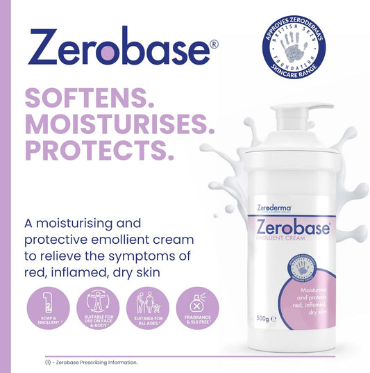 Zeroderma Zerobase Emollient Cream 2-In-1 Moisturiser & Soap Substitute, For Dry & Eczema-Prone Skin, Restores Skin Barrier, 21 Percent W/W Paraffins, 50G