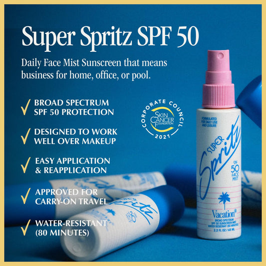 Vacation Super Spritz Spf 50 Face Mist & Air Freshener Bundle, Daily Face Sunscreen Spray, Clean & Lightweight Feel, Water-Resistant, Non-Comedogenic, Vegan, Travel Size, 2.2 Fl. Oz