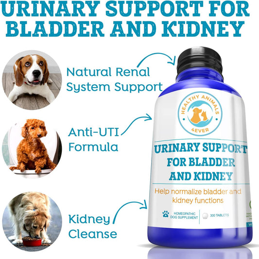 Healthy Animals 4 Ever Urinary Support For Bladder And Kidneys For Dogs - For Urinary Tract Infections & Renal Cleansing - Natural, Homeopathic, Non-Gmo, Organic - Preservative, Chemical Free - 300 Ct