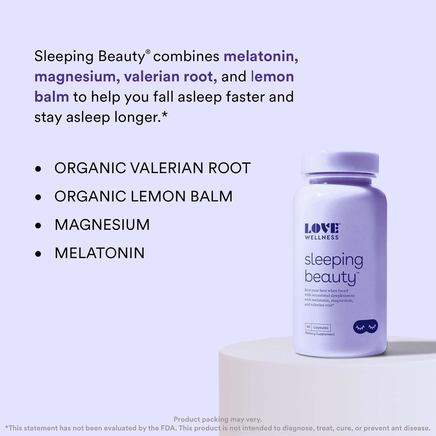 Love Wellness Sleeping Beauty Pills | Sleep Aid with Melatonin, Magnesium & L-Theanine | Promotes Restful Sleep, Relaxation & Reduces Stress | Organic Valerian Root Powder & Lemon Balm | 60 Capsules : Health & Household