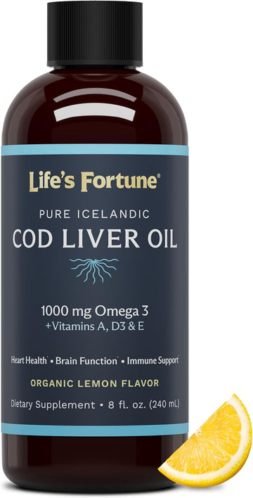 Life'S Fortune Cod Liver Oil Liquid, 1000 Mg Omega-3S, Organic Lemon Flavor Supplement - High Potency Fish Oil With Dha & Epa, Vitamin A, D - Immune Health, Joints, Vision, Skin Non-Gmo, 8 Fl Oz