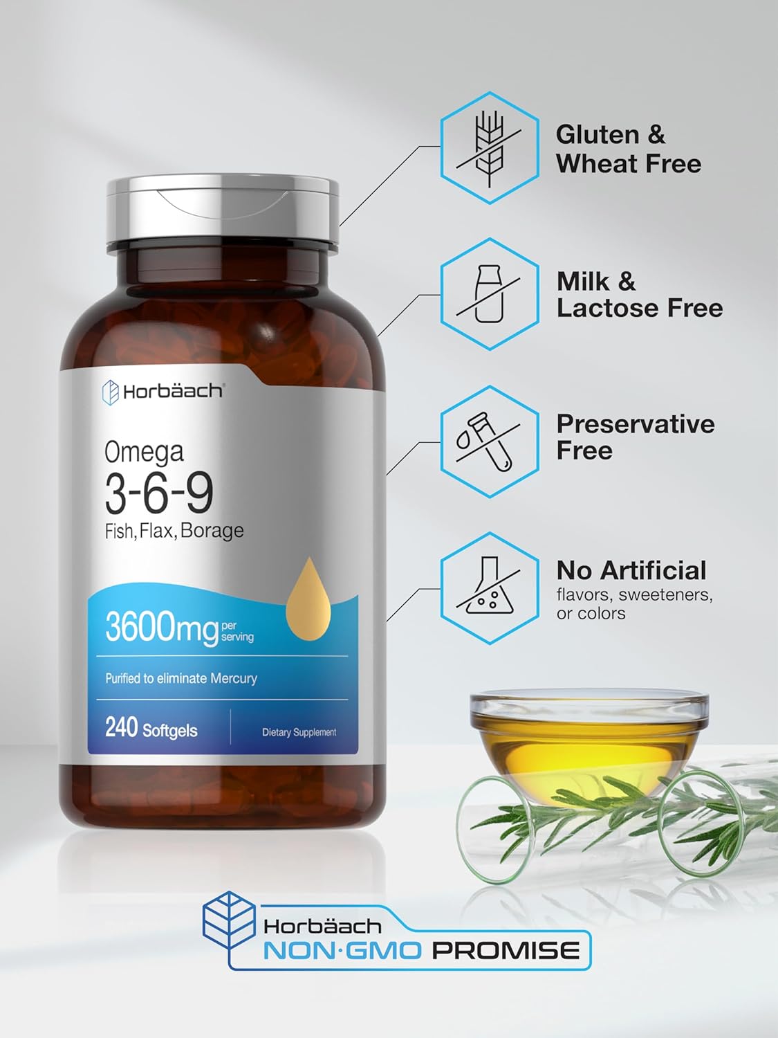 Horbäach Triple Omega 3-6-9 240 Softgels | From Fish, Flaxseed, Borage Oils | Non-Gmo & Gluten Free : Health & Household