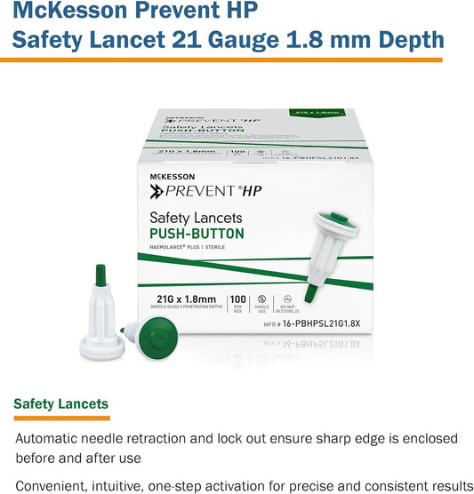 Mckesson Prevent Hp Safety Lancet, Auto Retracting With Push Button Activation, 21 Gauge, 1.8 Mm Depth, Sterile, Green, 100 Count, 1 Pack