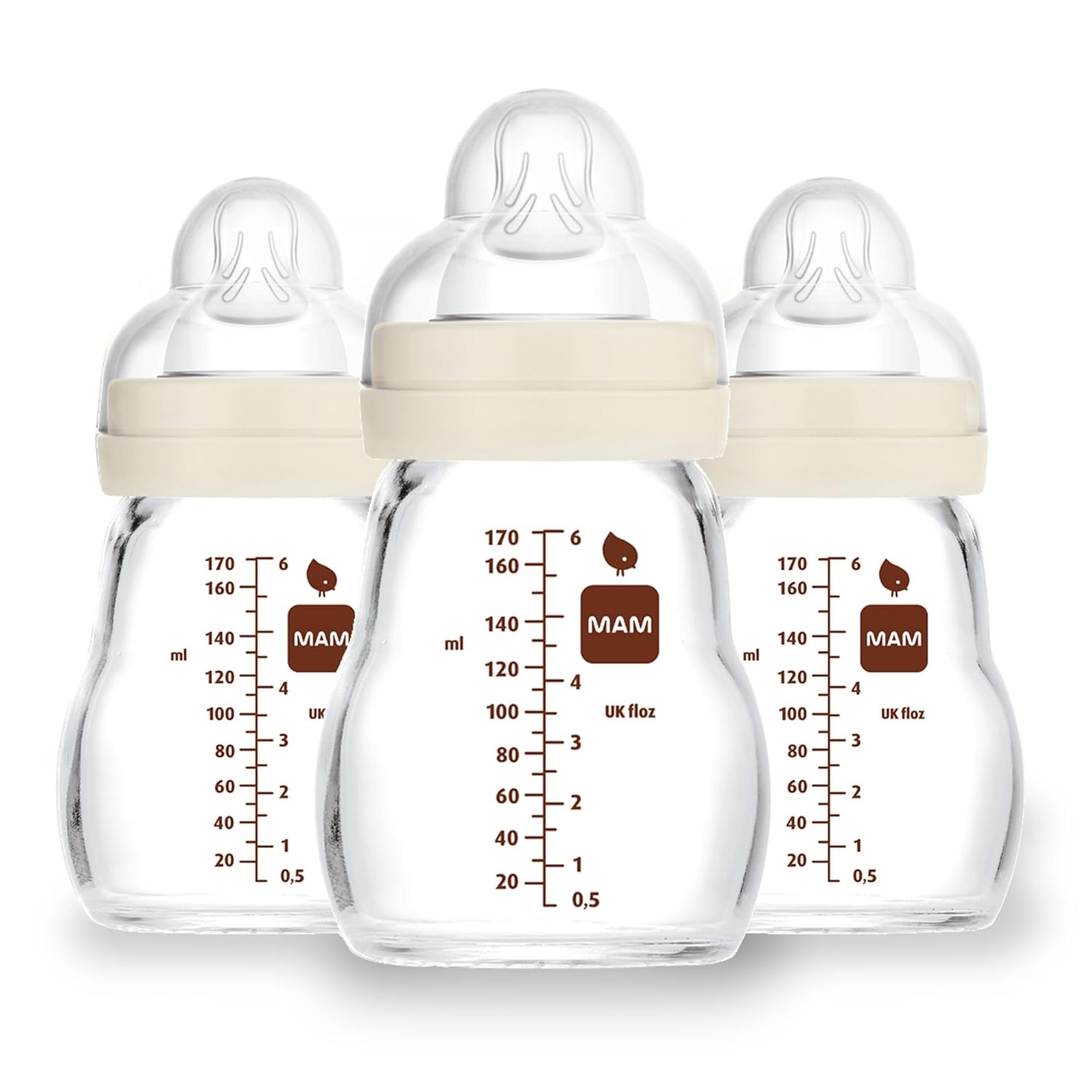 Mam Feel Good Medium Flow Premium Glass Baby Bottles, Easy Switch Between Breast And Bottle, 9Oz, 2+ Months, Unisex, 3 Pack